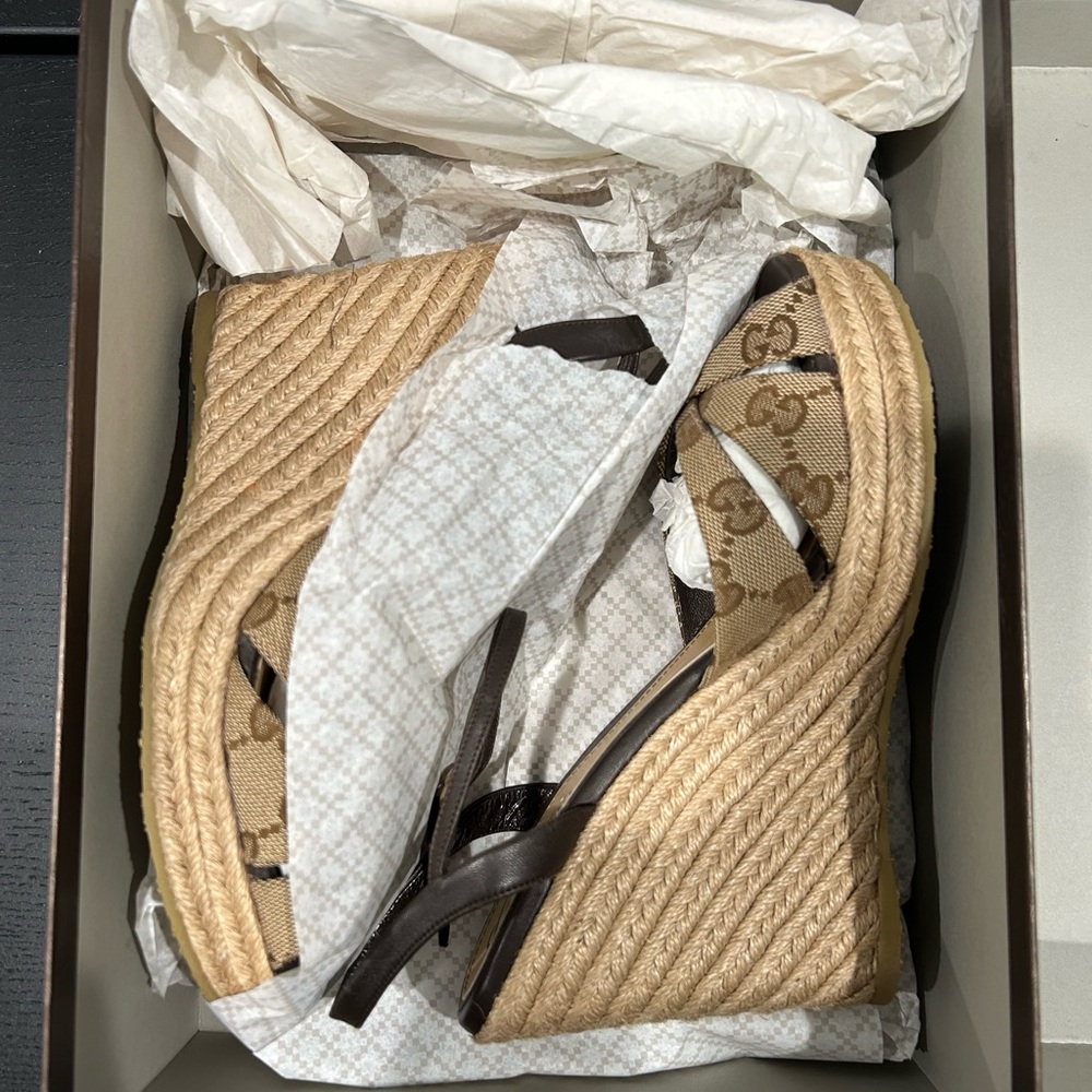 Gucci Tan and Brown Wedge Sandals - Picture 7 of 13